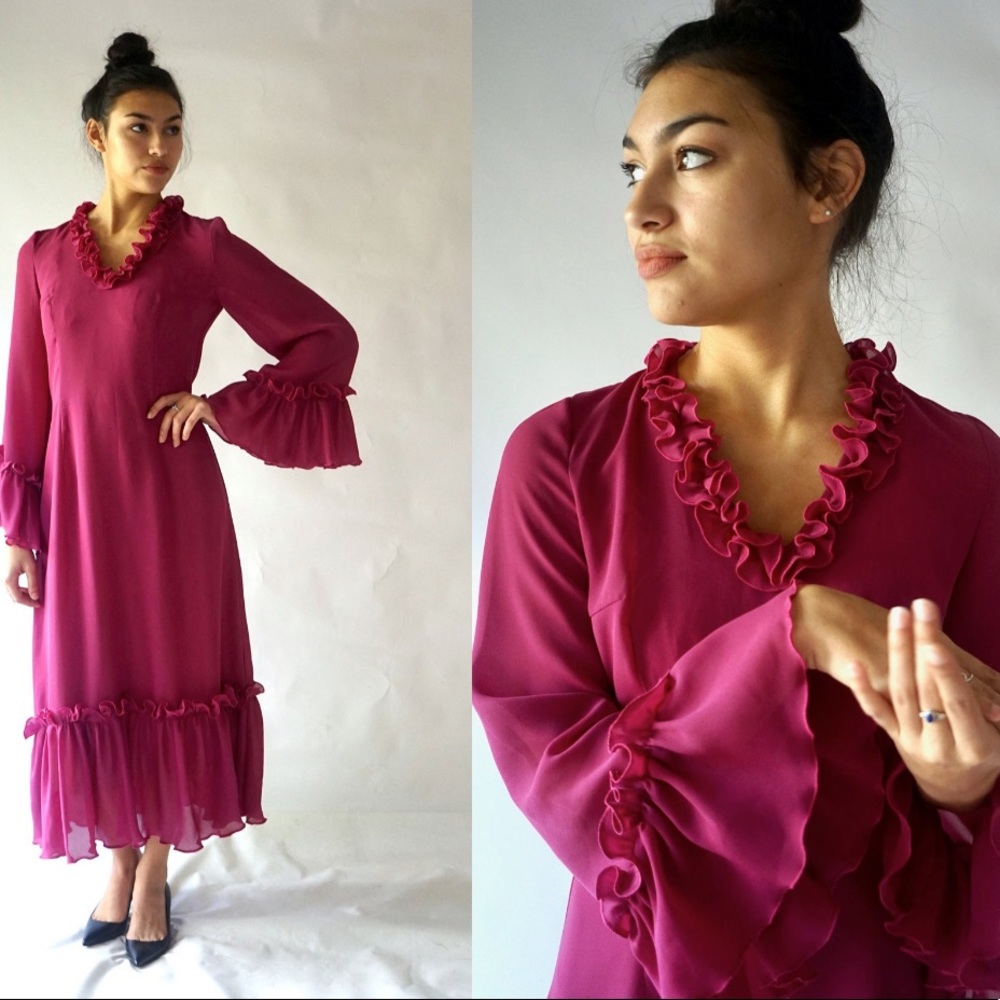 Ruffle sleeve dress. Vintage 70s Sheer, Cocktail, Gown Bell Sleeve Chiffon Maxi